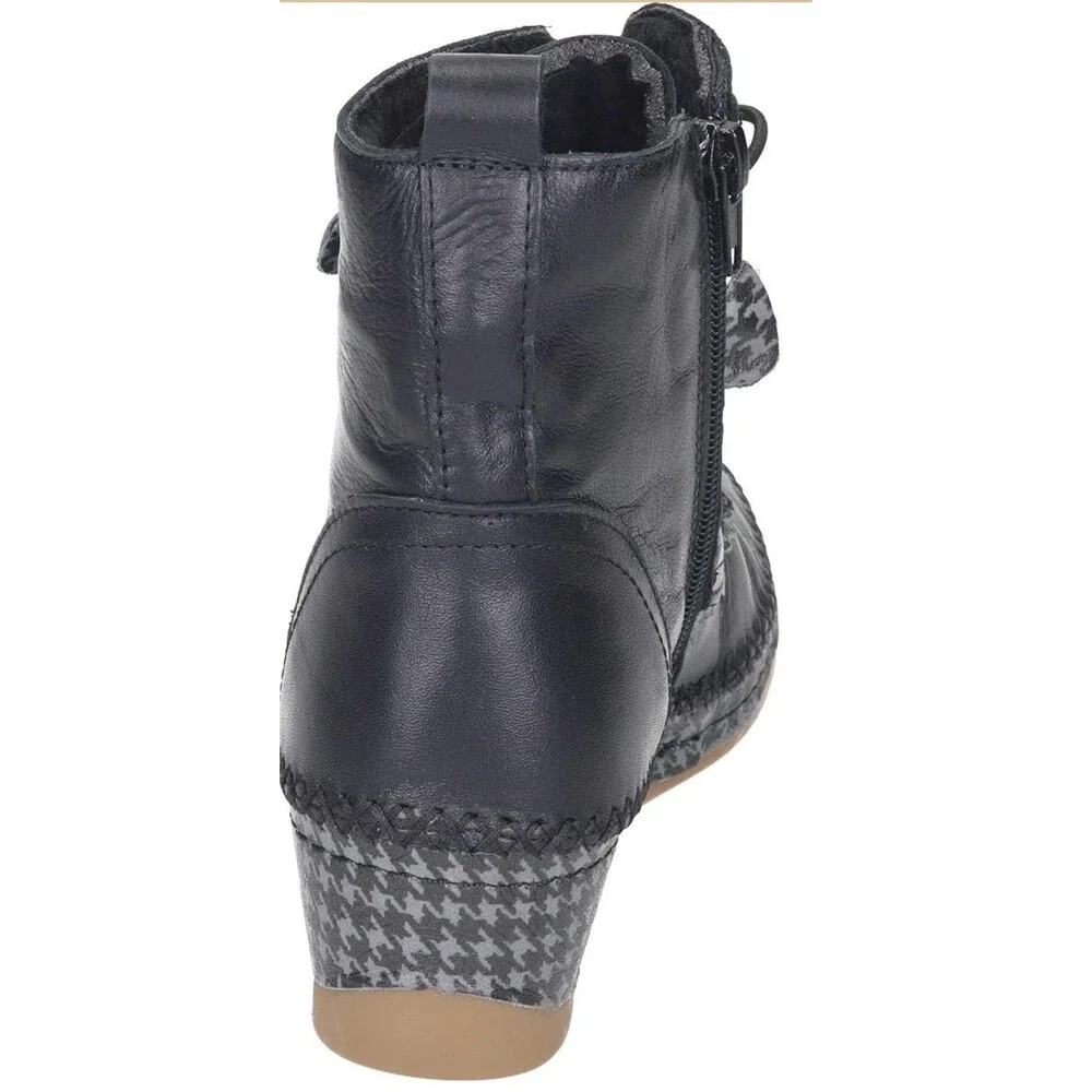 Anesha Women’s Black Leather Ankle Boots Houndstooth Wedge Zip US 9 EU 40
